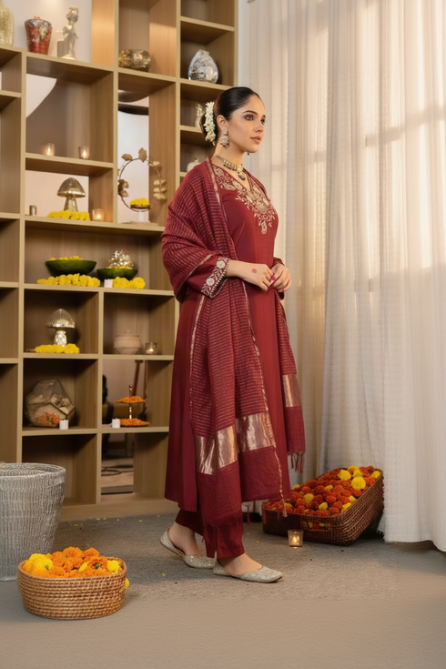 Alvami Women’s Maroon Embroidered Straight Silk Kurta Pant With Dupatta Set