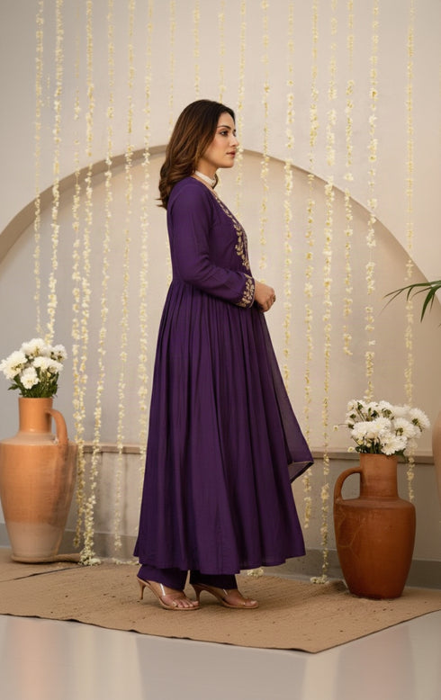 Alvami Women’s Premium Purple Silk Embroidered Anarkali Kurta Pant With Dupatta Set