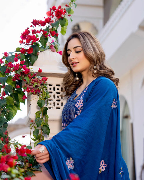 Alvami Women's Blue Embroidered Silk Anarkali Kurta Pant With Dupatta Set
