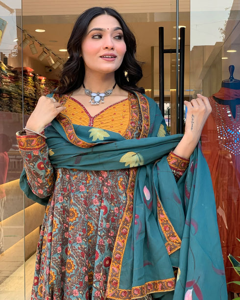 Alvami Women’s Viscose Floral Printed Anarkali Kurta Pant with Dupatta Set
