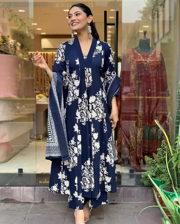 Women's Viscose Block Print Anarkali Kurti with Pant and Printed Dupatta Set