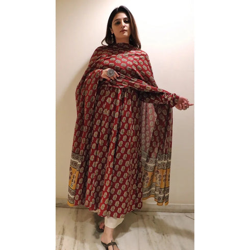 Alvami Women's Red Floral Printed Viscose Anarkali Suit Set with Dupatta | Elegant Ethnic Wear