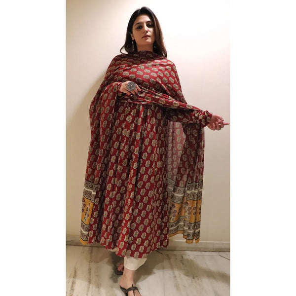 Alvami Women's Red Floral Printed Viscose Anarkali Suit Set with Dupatta | Elegant Ethnic Wear