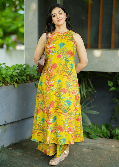 Alvami Women Yellow Floral Printed Viscose A-Line Sleeveless Kurta with Palazzo Set