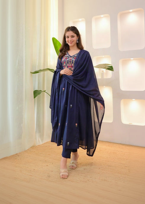 Alvami Women's Blue Embroidered Silk Anarkali Suit Set with Dupatta | Premium Festive Ethnic Wear