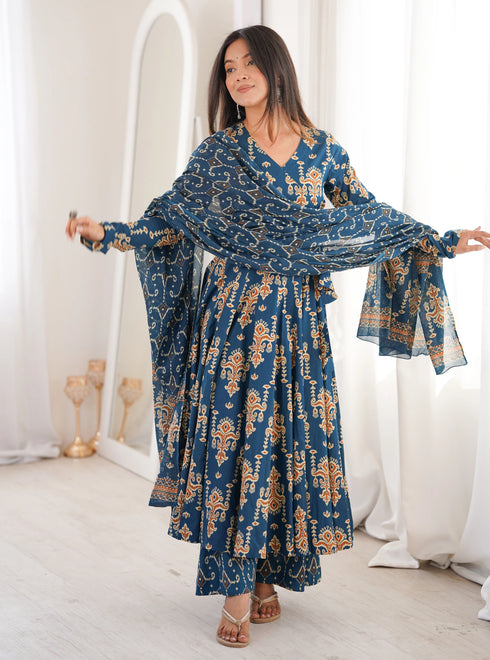 Alvami Women’s Blue Printed Angrakha Kurta Pant With Dupatta Set