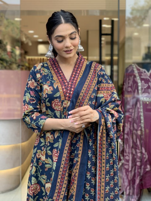 Viscose Blue Anarkali Kurta And Pant Set With Dupatta