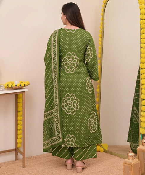 Alvami Women’s Green Bandhani Print A-Line Kurta Pant With Dupatta Set