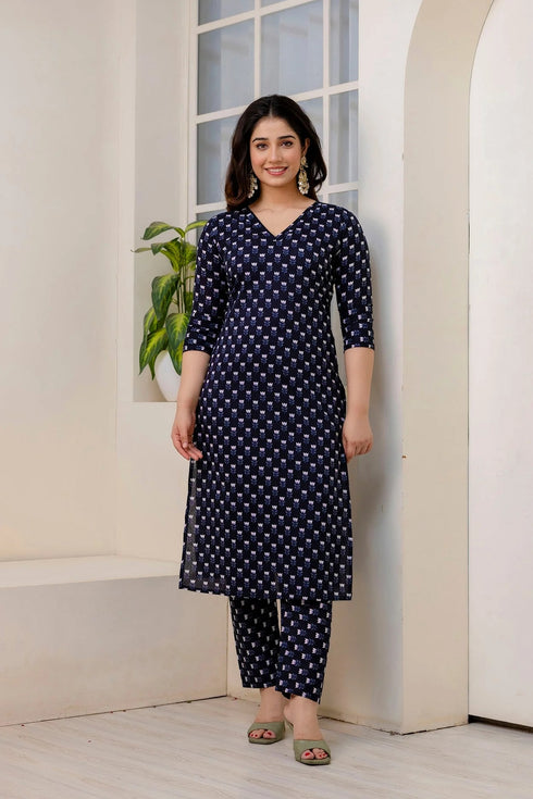 Women Navy Blue Floral Print Straight Kurta Pant With Dupatta Set