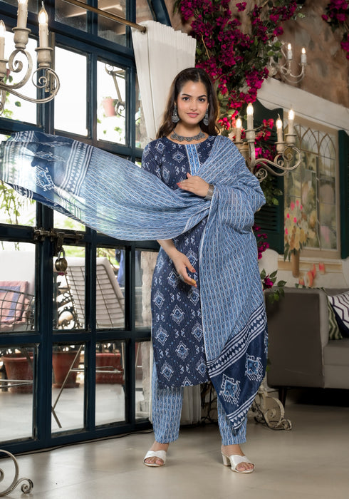Blue Embroidery Viscose Rayon Kurta, Pant And Dupatta Set