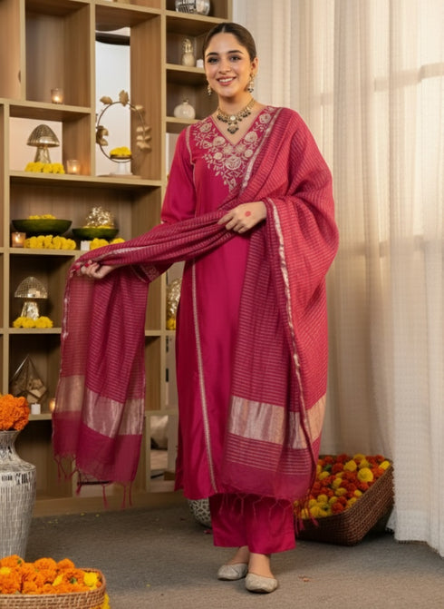 Alvami Women’s Pink Embroidered Straight Silk Kurta Pant With Dupatta Set