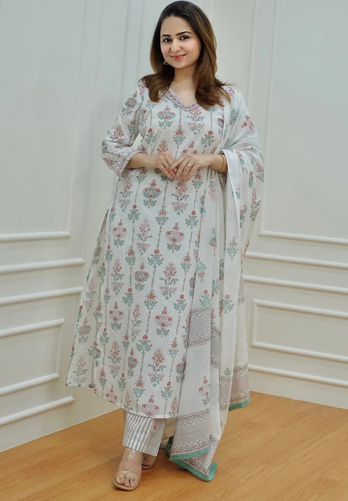 Alvami Women Light Green, Purple, White Printed Viscose Rayon Kurta, Pant And Dupatta Set