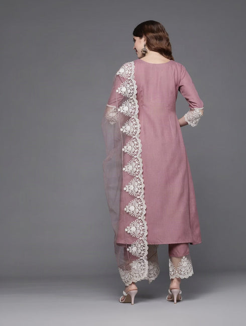 Alvami Women’s Pink Solid A-Line Silk Kurta Set with Dupatta Lace Detail
