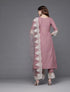 Alvami Women’s Pink Solid A-Line Silk Kurta Set with Dupatta Lace Detail