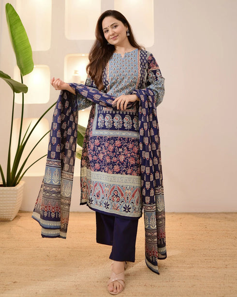 Alvami Women’s Blue Printed Viscose Straight Kurta Set with Dupatta