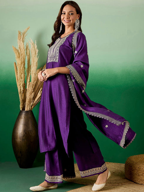 Purple Embroidery silk Kurta And Pant Set With Dupatta