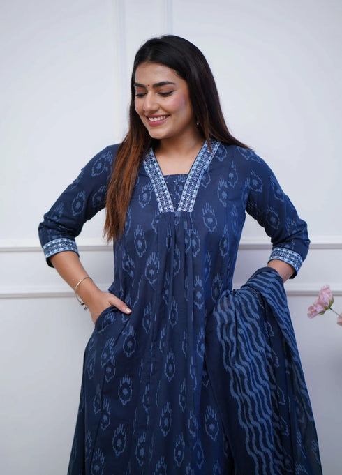 Blue Anarkali Kurta And Pant Set With Dupatta