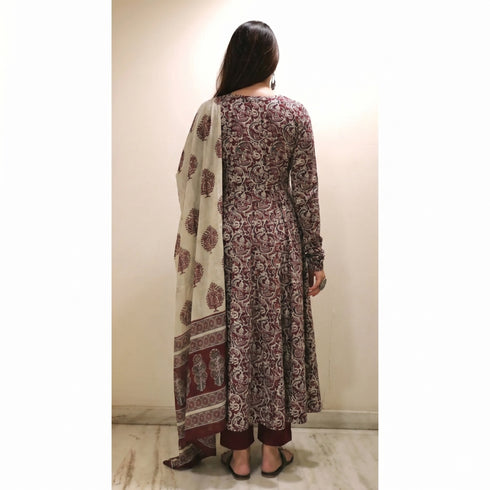 Alvami Women's Maroon & Cream Printed Viscose Anarkali Kurta Pant Set with Dupatta