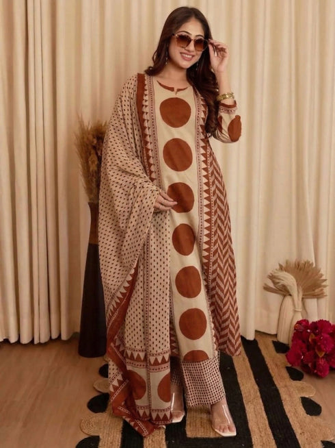 Alvami Women's Rust & Beige Printed Viscose Straight Kurta Set with Dupatta | Trendy Ethnic Wear