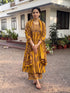 Alvami Women's Yellow Printed Viscose Anarkali Kurta Pant With Dupatta Set