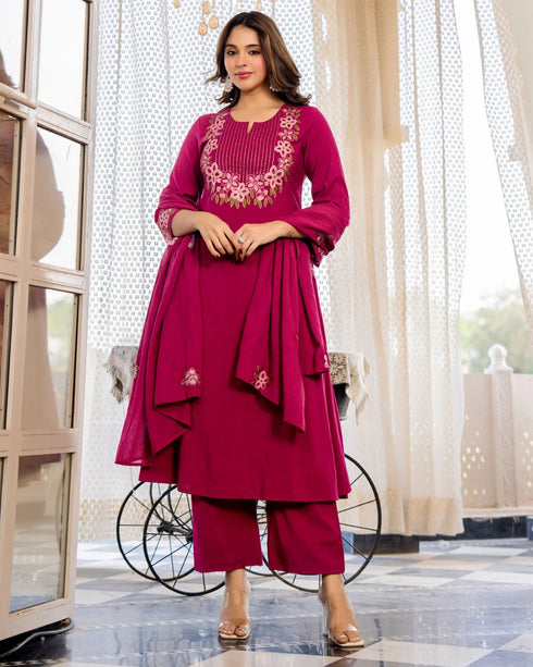 Alvami Women's Pink Embroidered Silk Anarkali Kurta Pant With Dupatta Set