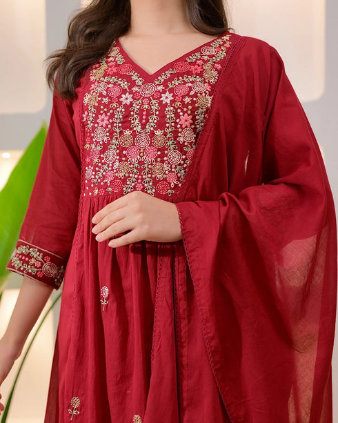Alvami Women's Red Embroidered Silk Anarkali Suit Set with Dupatta | Premium Festive Ethnic Wear