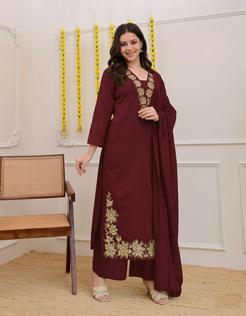 Alvami Women Maroon Viscose Straight Kurta with Embroidered Neckline & Pant With Dupatta Set