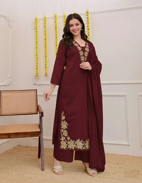 Alvami Women Maroon Viscose Straight Kurta with Embroidered Neckline & Pant With Dupatta Set