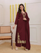 Alvami Women Maroon Viscose Straight Kurta with Embroidered Neckline & Pant With Dupatta Set
