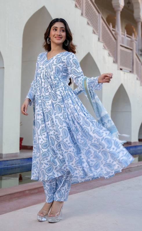 Sky Blue Printed Viscose Rayon Kurta, Pant And Dupatta Set
