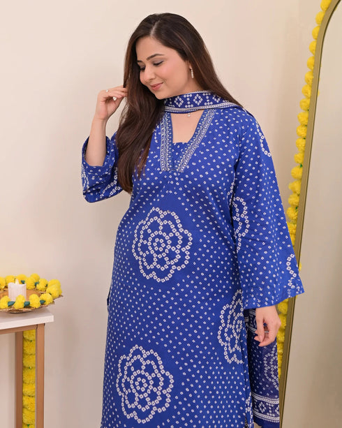 Alvami Women’s Blue Bandhani Print A-Line Kurta Pant With Dupatta Set