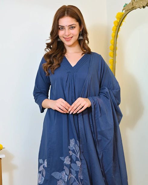 Alvami Women’s Blue Viscose A-Line Kurta with Floral Design & Pant With Dupatta Set