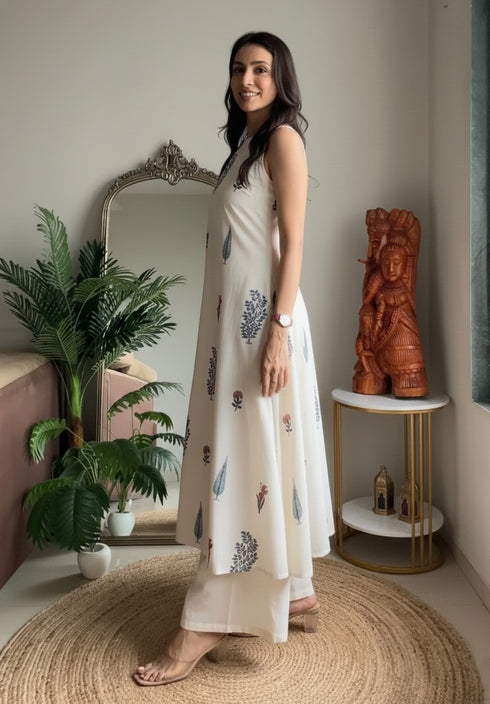 Women Pure Cotton Kurta Palazzo Set | Sleeveless Printed Kurta with Palazzo Pants | Summer Friendly, Office Wear Co-Ord Set