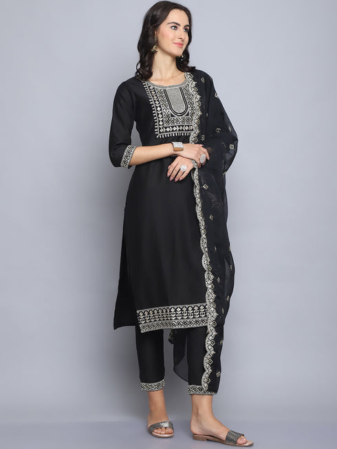 Black Embroidery silk Kurta And Pant Set With Dupatta