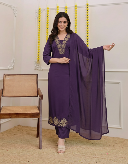 Alvami Women Purple Viscose Straight Kurta with Embroidered Neckline & Pant With Dupatta Set