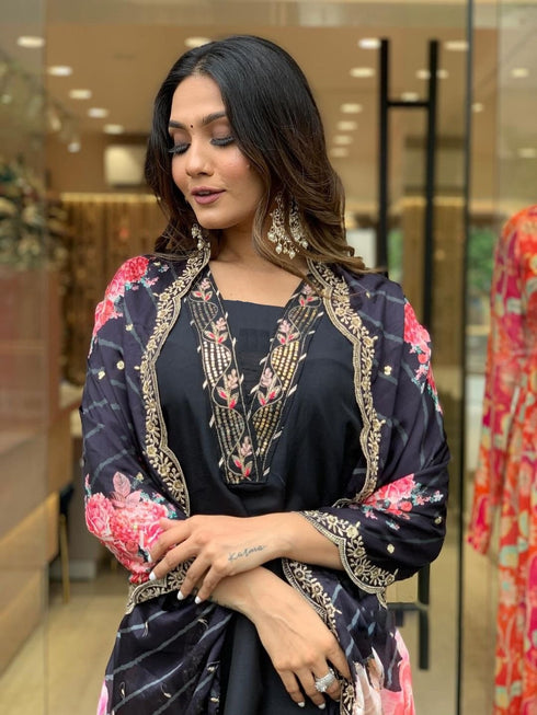 Viscose Black A-Line Kurta And Pant Set With Dupatta