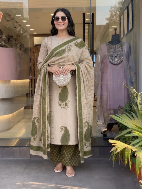 Alvami Women Green&Beige Viscose Printed Straight Kurta Set with Printed Palazzo Pants & Dupatta