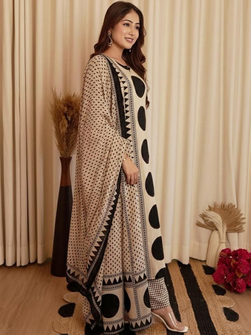 Alvami Women's Black & Beige Printed Viscose Straight Kurta Set with Dupatta | Trendy Ethnic Wear