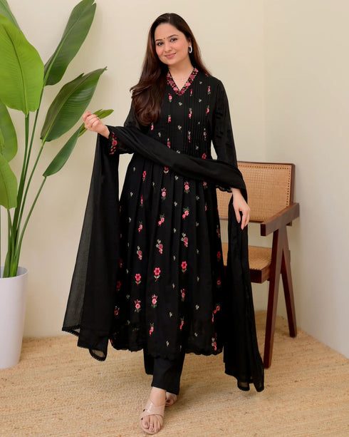 Alvami Women’s Black Silk Floral Embroidered Anarkali Kurta Pant with Dupatta Set