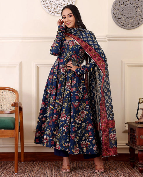 Women Blue Floral Printed Anarkali Kurta Pant Set with Dupatta