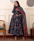 Women Blue Floral Printed Anarkali Kurta Pant Set with Dupatta