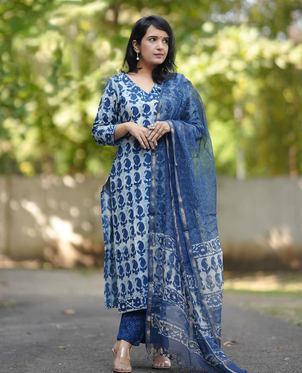 Blue Straight Kurta And Pant Set With Dupatta