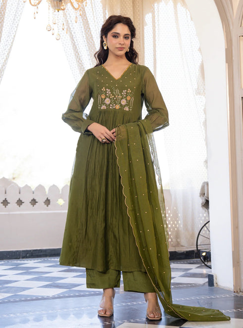 Alvami Women's Green Embroidered Silk Anarkali Suit Set with Dupatta | Premium Festive Wear