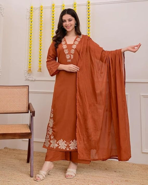 Alvami Women Rust Viscose Straight Kurta with Embroidered Neckline & Pant With Dupatta Set
