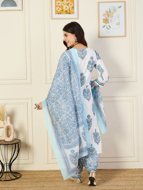 Alvami Women's White Printed Viscose Straight Kurta Pant With Dupatta Set