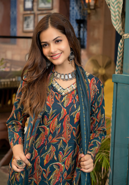 Blue Embroidery Viscose Rayon Kurta, Pant And Dupatta Set