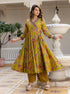 Alvami Women’s Yellow Printed Viscose Angrakha Kurta Set with Dupatta