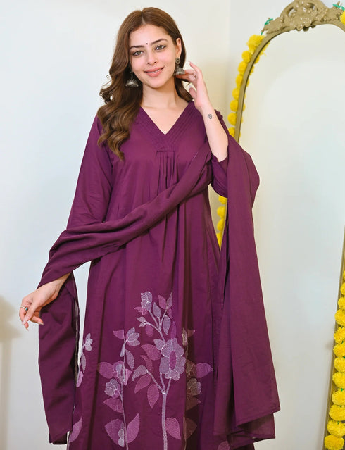 Alvami Women’s Wine Viscose A-Line Kurta with Floral Design & Pant With Dupatta Set