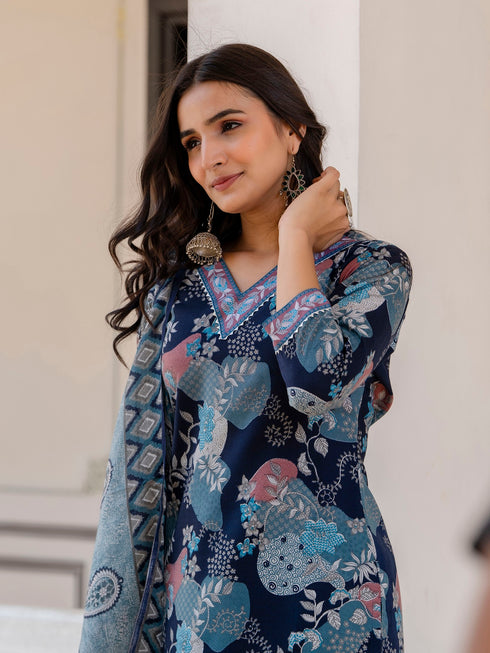 Viscose Blue A-Line Kurta And Pant Set With Dupatta
