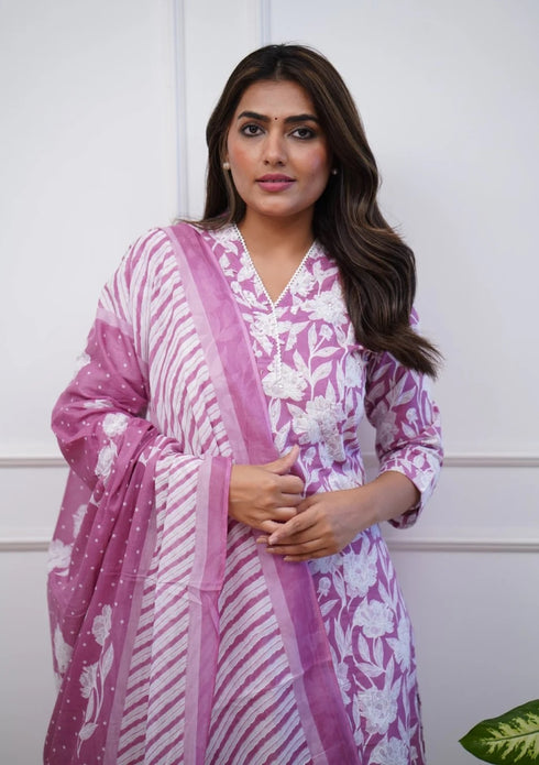Viscose Floral Printed Pink Kurta And Pant Set With Dupatta